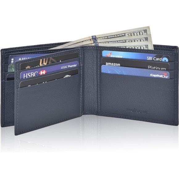 Handmade RFID Leather Bifold Wallets For Men Navy NDM
